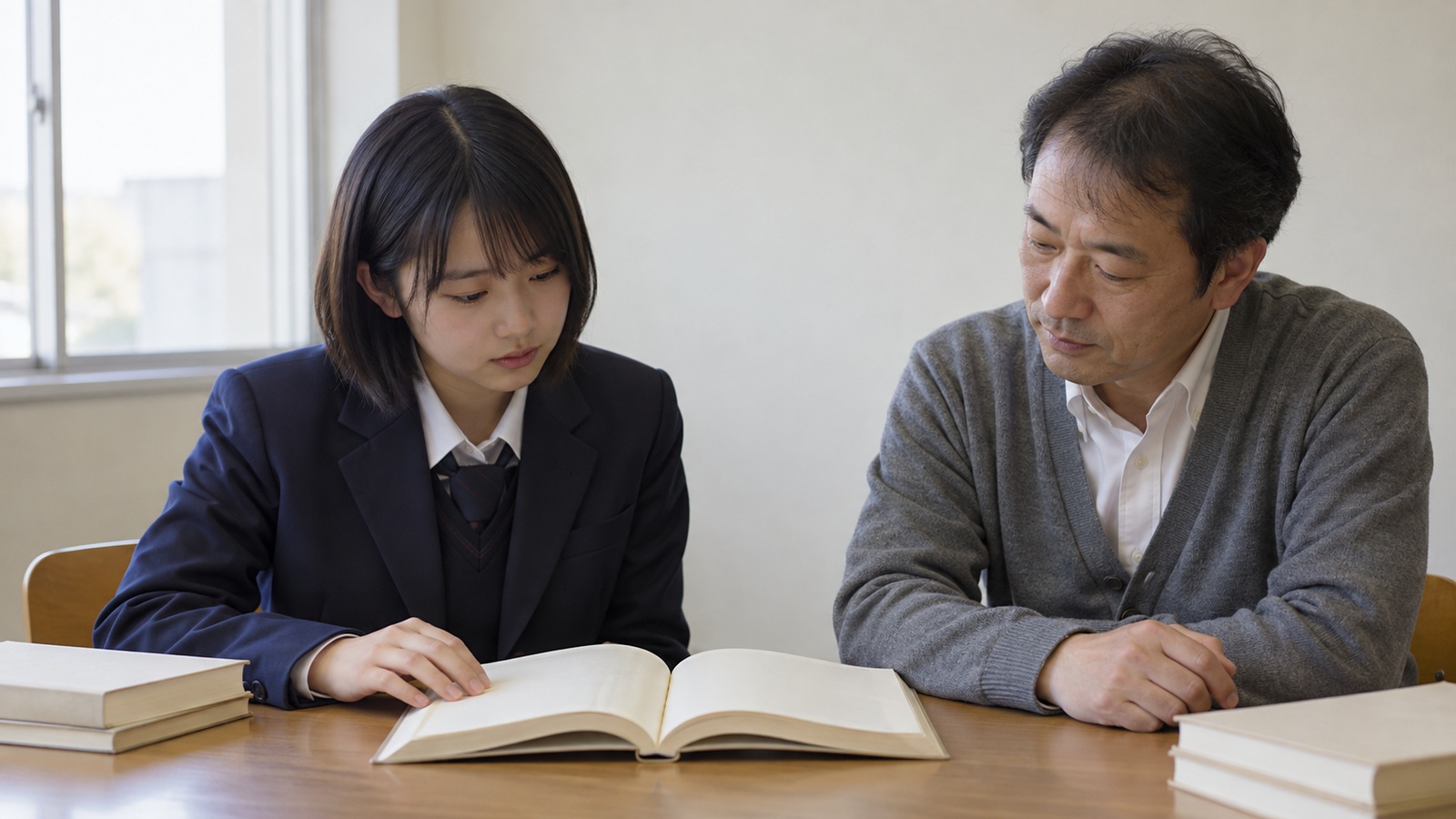 本を開き、関心のある作品について先生と話し合う女子高校生