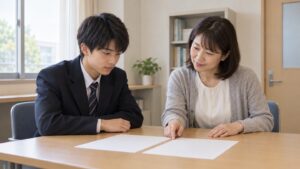 書類を机に並べ、先生と内容を確認する高校生