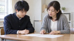 学校の机で白い用紙を見ながら、女性の先生に進路を相談する男子高校生