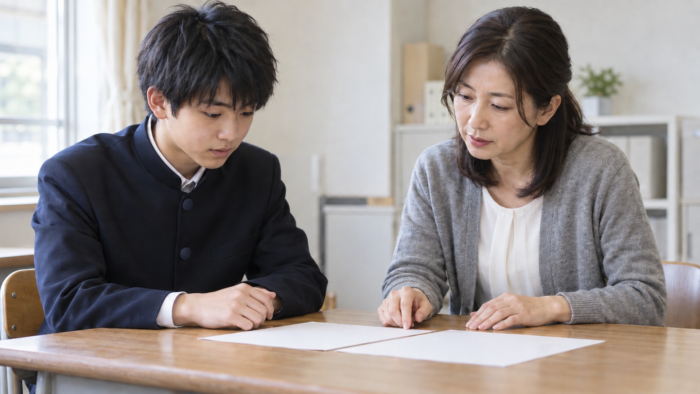 学校の机で白い用紙を見ながら、女性の先生に進路を相談する男子高校生