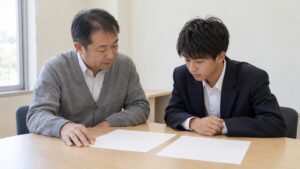 高校の相談室で男子生徒と男性教師が机上の書類を一緒に確認する場面