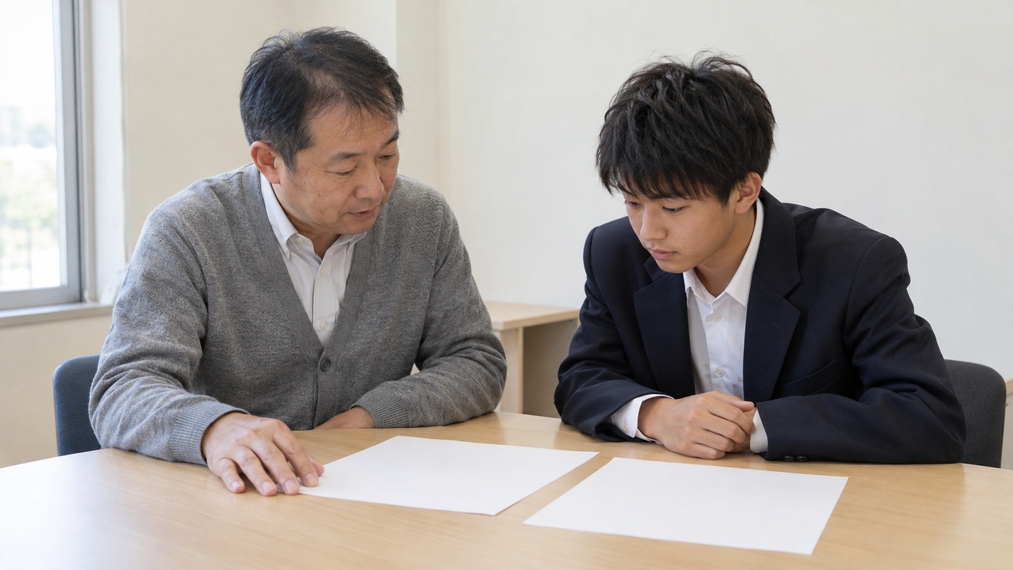 高校の相談室で男子生徒と男性教師が机上の書類を一緒に確認する場面