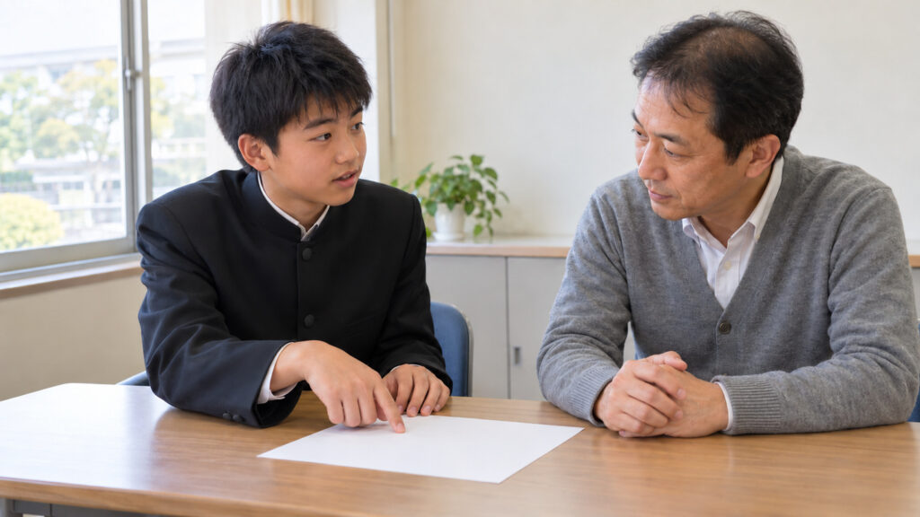 白紙の資料を指しながら、男性教師と推薦の準備について相談する男子高校生