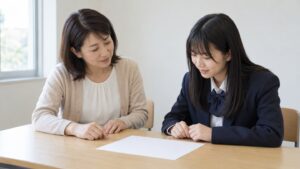 白紙の資料を前に、志望学類について女性教師と相談する高校生