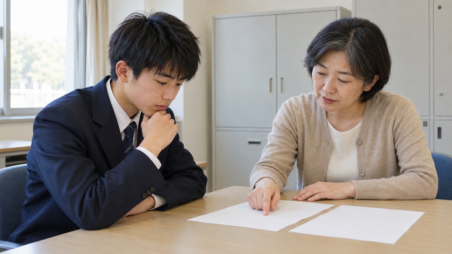 高校の進路相談で、男子生徒が先生と机上の資料を確認する場面