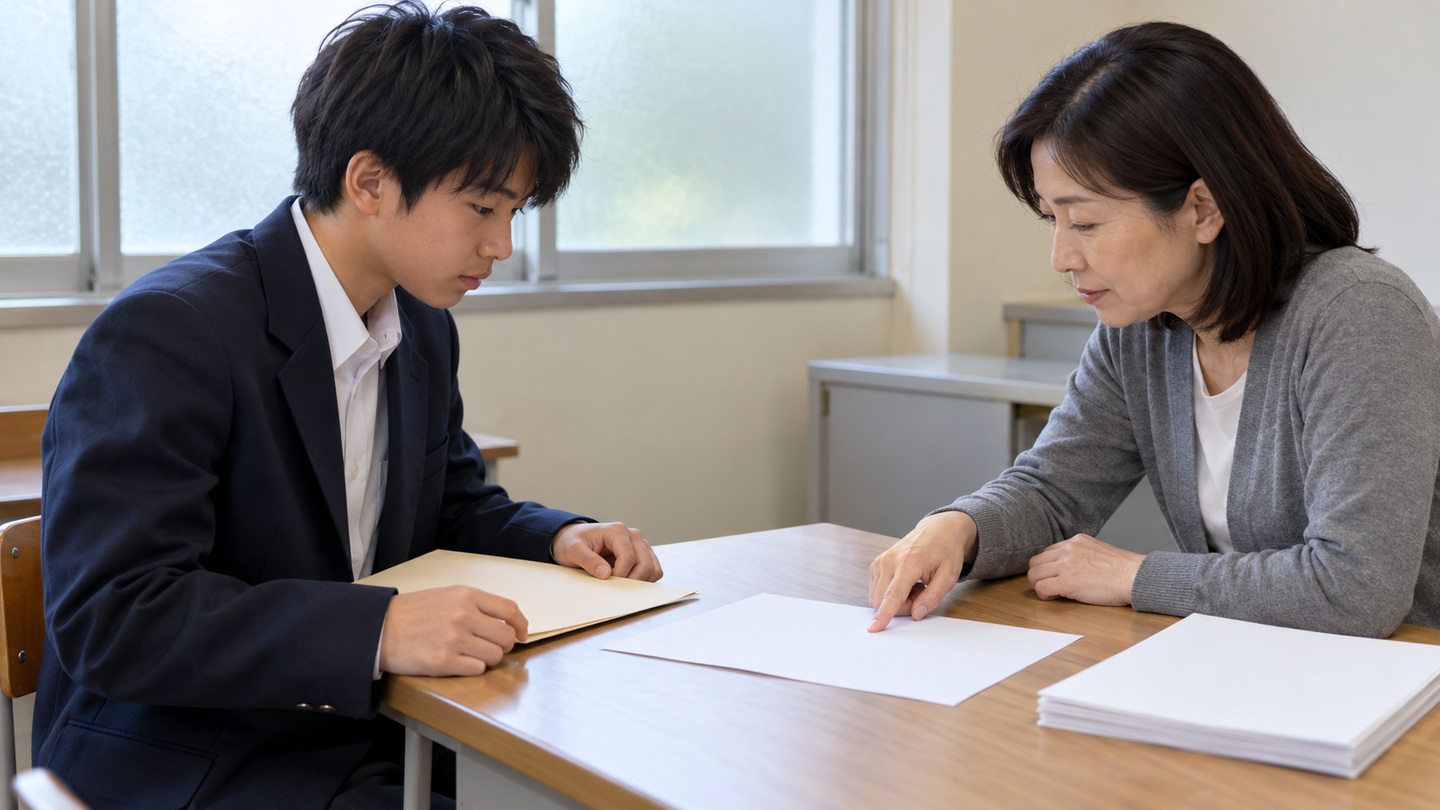 学校の相談机で、白紙の資料を示す女性教員と出願書類を確認する制服姿の男子生徒