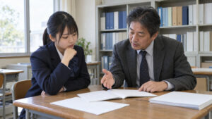 学校の教室で先生と資料を見ながら説明の内容を確かめる高校生