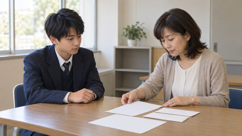 制服の高校生が先生と向かい合い、机の上の書類や封筒を確認している場面