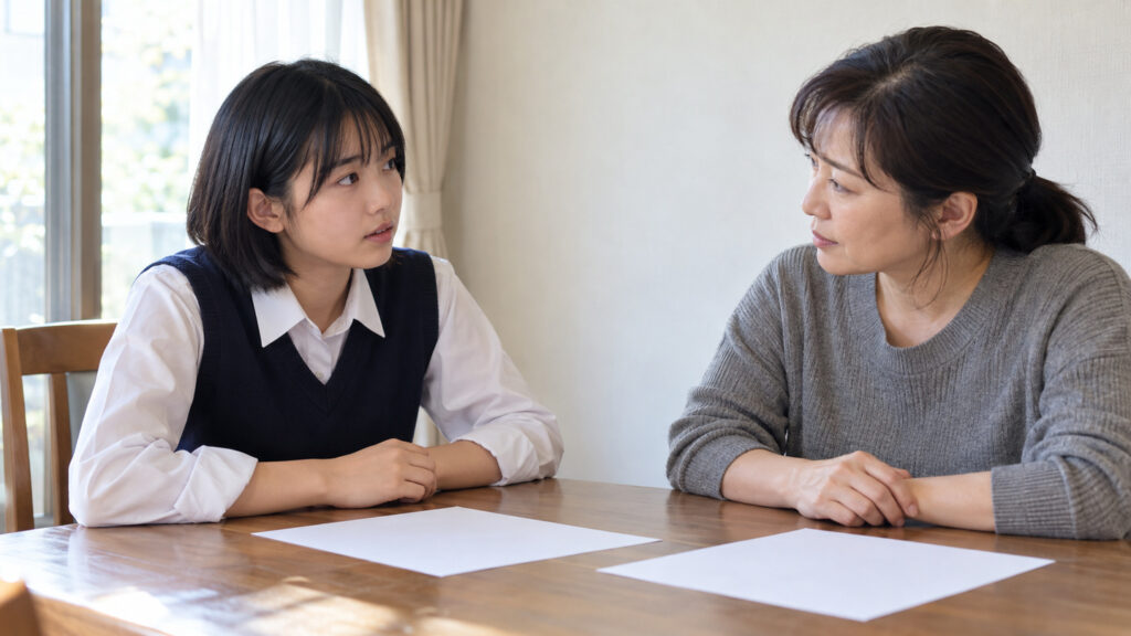 高校生が保護者と向き合い、進学後や将来の不安について話し合っている