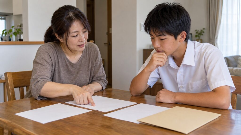 高校生が自宅で保護者と資料を広げ、進学後の生活について話し合う場面