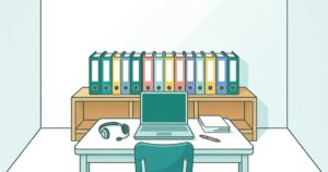 開校の準備が整った小さな教室で、生徒ごとの色とりどりのファイルが棚に並び、机にノートパソコンとヘッドセットと添削用の赤ペンが置かれている様子
