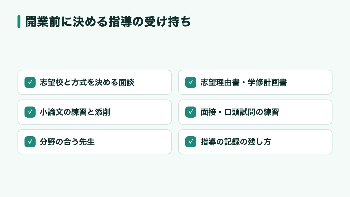 総合型選抜の塾を開く前に受け持ちを決めておきたい、志望校と方式を決める面談・志望理由書と学修計画書・小論文・面接と口頭試問・分野の合う先生・指導の記録のチェックリスト